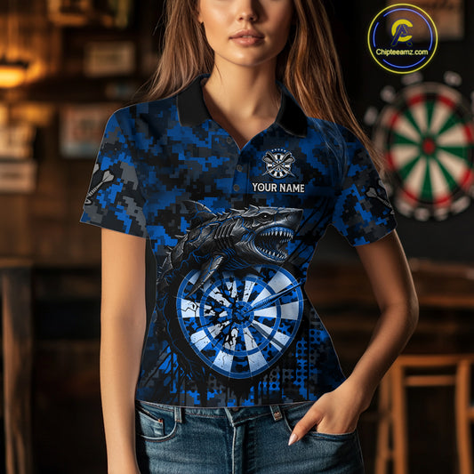 Custom Blue Digital Camo Dartboard Horror Shark Darts Polo Shirt For Women Dart Gifts NYN1966