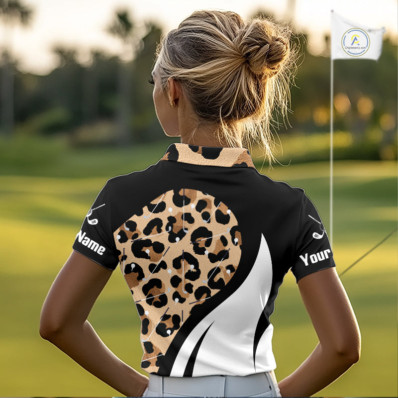Women's model wearing Brown Leopard Golf Polo Shirt, fashionable golf apparel, leopard sportswear, matching golf couple outfit, personalized golf team clothing, stylish golf gift.