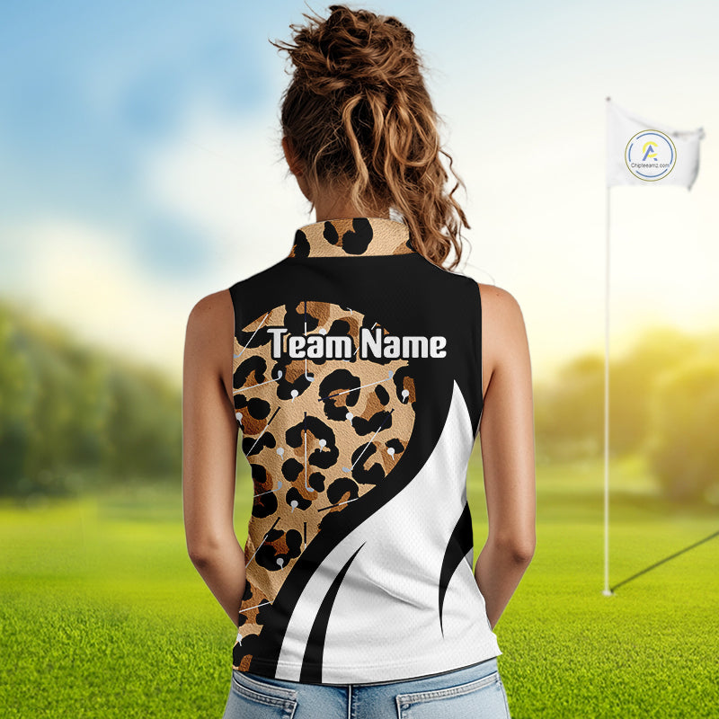 Women's model wearing Brown Leopard Golf Polo Shirt, fashionable golf apparel, leopard sportswear, matching golf couple outfit, personalized golf team clothing, stylish golf gift.
