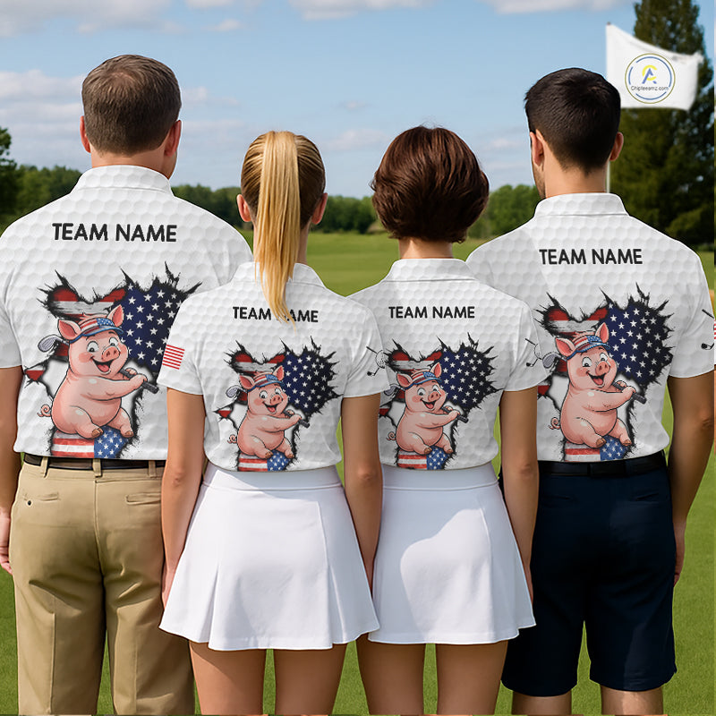 Golf team wearing Funny Pig Patriot Golf Polo Shirts, custom patriotic golf uniforms, American flag golf apparel, golf outing shirts, personalized team golf jerseys.
