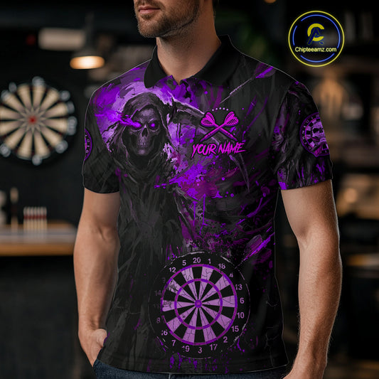 Custom Black Purple Splatter Grim Reaper Men Darts Polo Shirt Cracked Dart Jerseys NYN1981