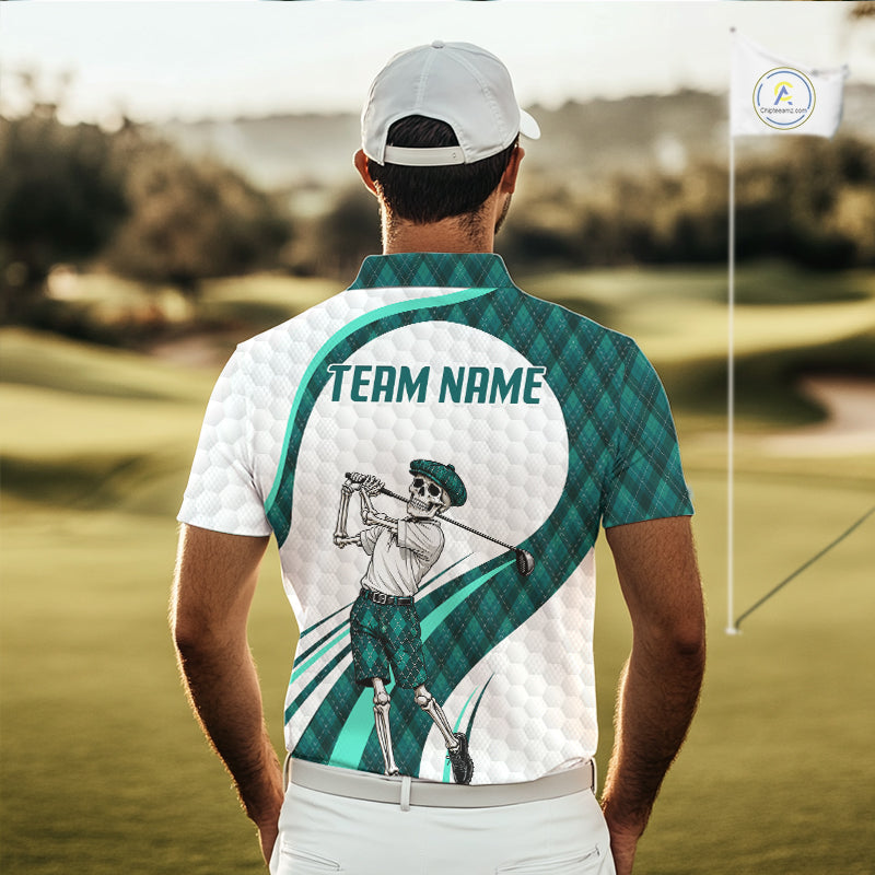 Custom Skeleton Golfer Golf Polo Shirts For Men Teal Argyle Pattern Golf Team Clothing NYN3265