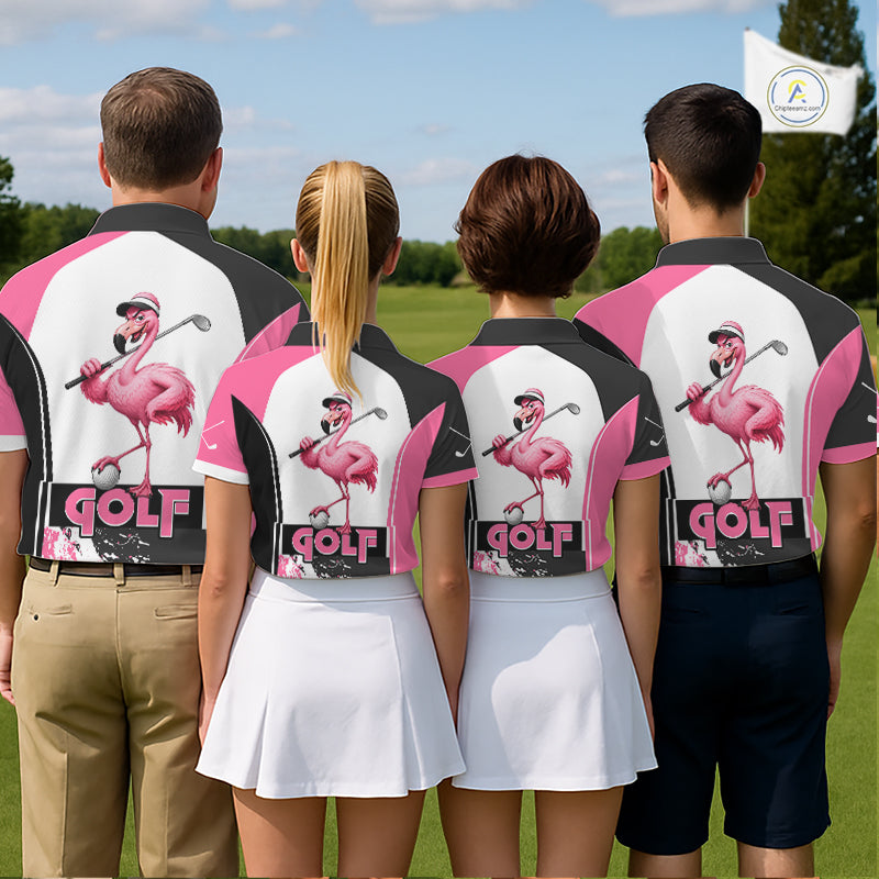 Golf team wearing matching Funny Flamingo Golf Polo Shirts, personalized golf uniforms, tropical golf outing apparel, beach golf tournament jerseys, custom golf club clothing.