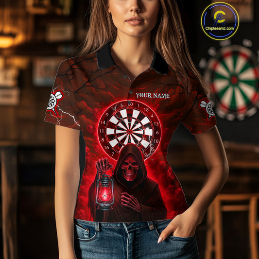 Red Neon Grim Reaper Lightning Skull Darts League Shirt Custom Skull Women Darts Jersey NYN2037