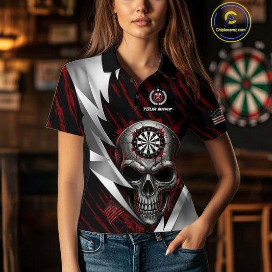 Silver Skull Red Grunge US Flag Women Darts Polo Shirt Custom Name Dart League Jerseys NYN2061