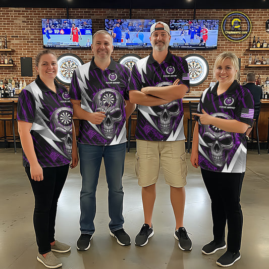 Silver Skull Purple Grunge US Flag Women Darts Quarter-Zip Shirt Custom Name Dart League Jerseys NYN2062