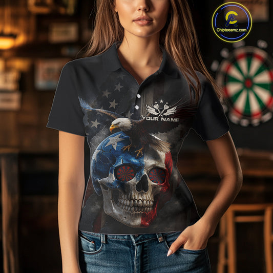 Custom Smoke Skull Eagle Patriotic Dart Shirt For Women US Flag Polo Dart Team Jersey NYN1336