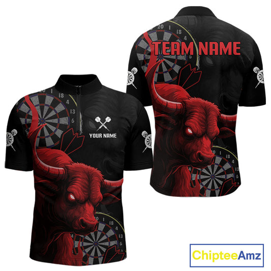 Red Ferocious Bull Grunge Dartboard Darts Shirt For Men - Custom Name & Team Jersey NYN0611
