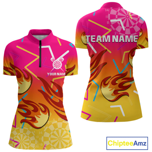 Flames In Vibrant Pink & Yellow Darts Funny Shirt For Women - Custom Team Name NYN0373