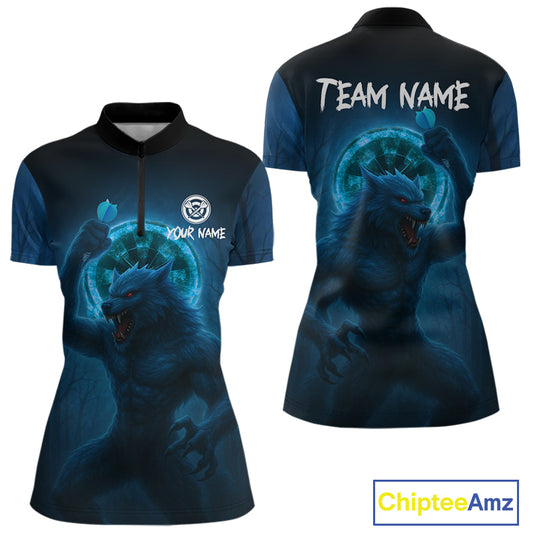 Women's Custom Dart Shirt With Blue Wolf, Red Eyes And Lightning Dartboard NYN0251