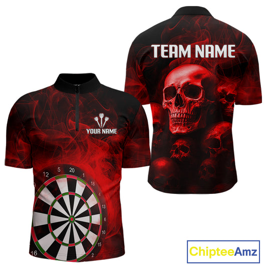 Red Smoke Dartboard & Multi Skulls Men's Darts Shirt - Custom Name For Players NYN0572