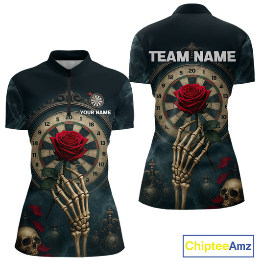 Custom Funny Skull Red Rose Women Dart Shirts Personalized Dart Team Jerseys, Dart Gifts NYN1169