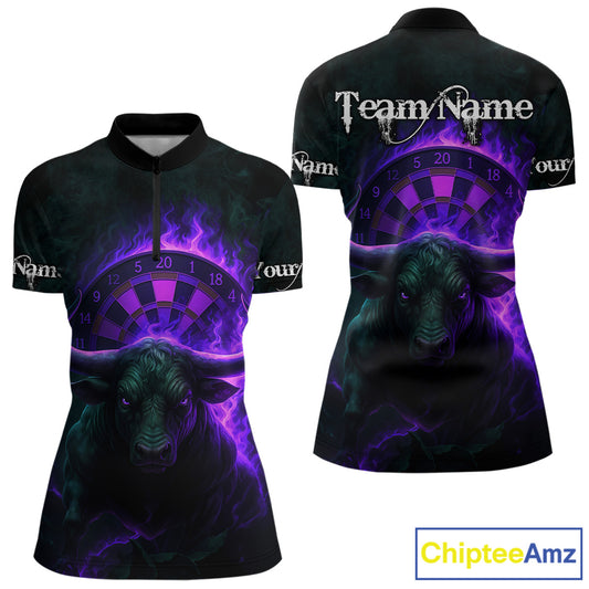 Purple Flaming Dartboard & Bull Darts Shirt For Women - Custom Name & Team Jersey NYN0606