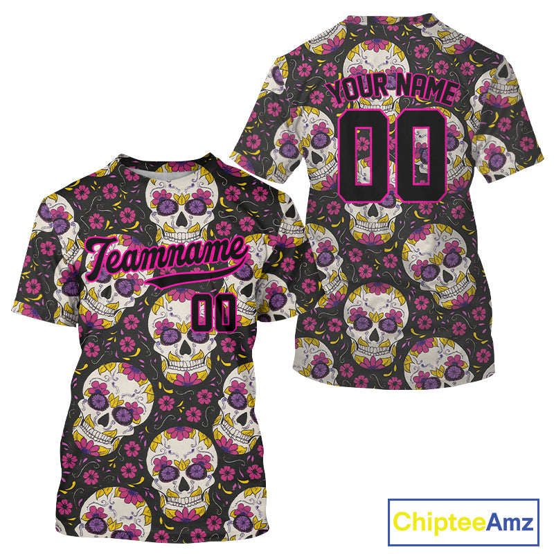 Custom Black And Pink Skull Halloween Baseball Jersey For Men Creepy Baseball Jersey NYN1286