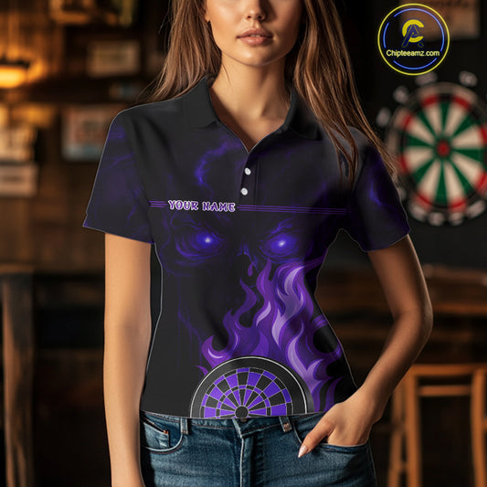 Custom Black And Purple Flames Skull Dartboard Polo Dart Shirt For Women Outfit Dart Team Jerseys NYN0927