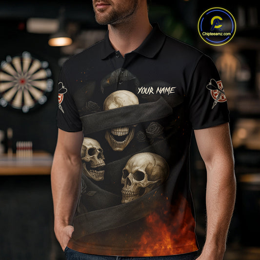 Custom Flames Grunge Roses Black Skull Dart Men Polo Shirt Outfits Dart Jerseys NYN1559
