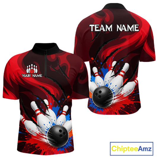 Colorful Splatter Bowling Ball And Pins Shirt For Men Black Red Team Jersey