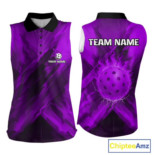 Custom Fire Flame Purple Pickleball Ball Sleeveless Polo Shirts For Women Outfits Pickleball Team Jerseys NYN2787