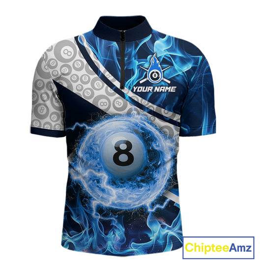 Personalized Blue Flaming Thunder 8 Ball Pool Billiard Shirts For Men Billiard Attire Gifts NYN2802