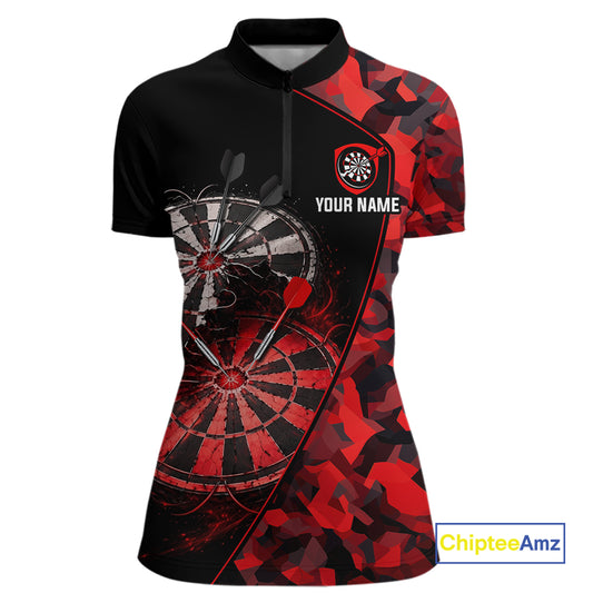 Personalized Camouflage Cracked Black And Red Dartboard Women Polo & 1/4-Zip Shirts Dart Team Jerseys NYN2809