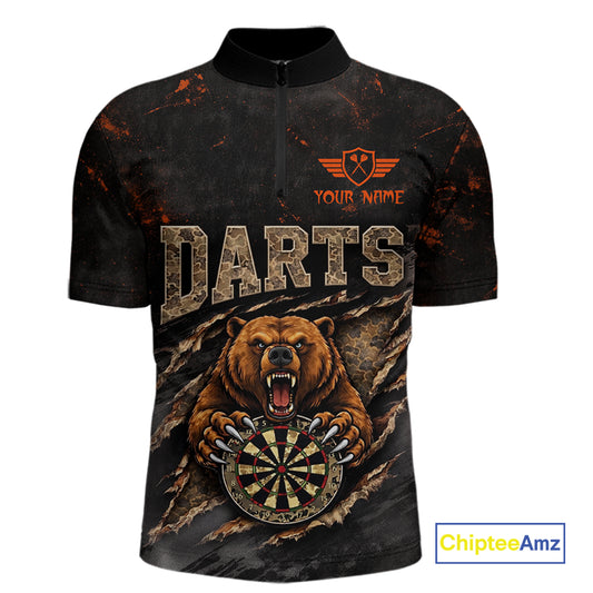 Personalized Funny Bear Grunge Camouflage Darts Polo & 1/4-Zip Shirts For Men Dart Team Jerseys NYN2814