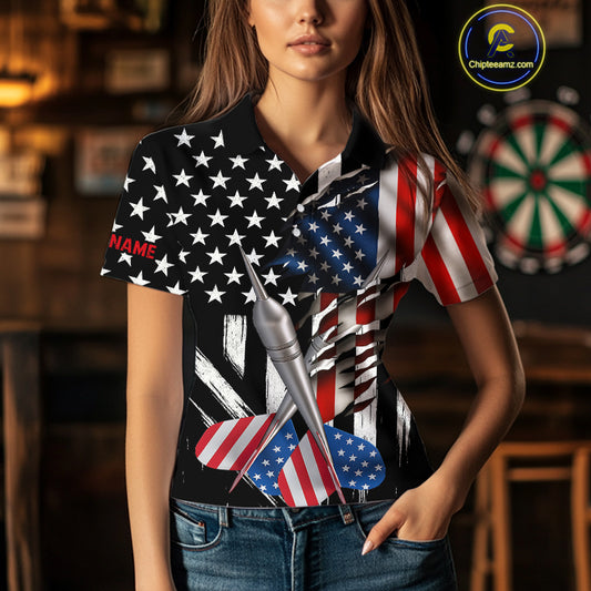 Custom USA Flag Dart Arrow Dart Women Polo Shirt Grunge Patriotic Dart Team Jerseys NYN1627