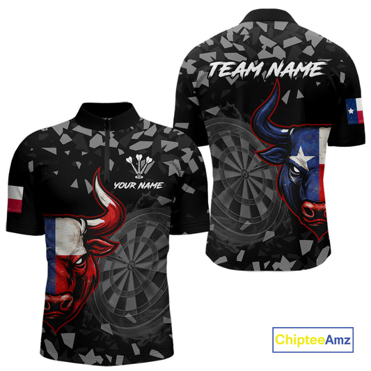 Texas Flag Bull & Dartboard Custom Grunge Men Darts 1/4-Zip Shirt Patriotic Darts Team Jersey NYN2716