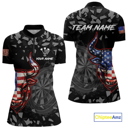 USA Flag Bull & Dartboard Custom Grunge Women Darts 1/4-Zip Shirt Patriotic Darts Team Jersey NYN2717