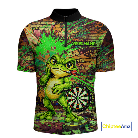 Personalized Funny Dart Shirt Cartoon Frog Dartboard Polo Quarter Zip Shirt Custom Team Shirt For Men NYN2858