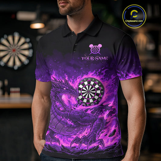 Purple Flaming Dragon Dartboard Men Polo Darts Shirt Custom Name & Team Dart Jersey NYN2010