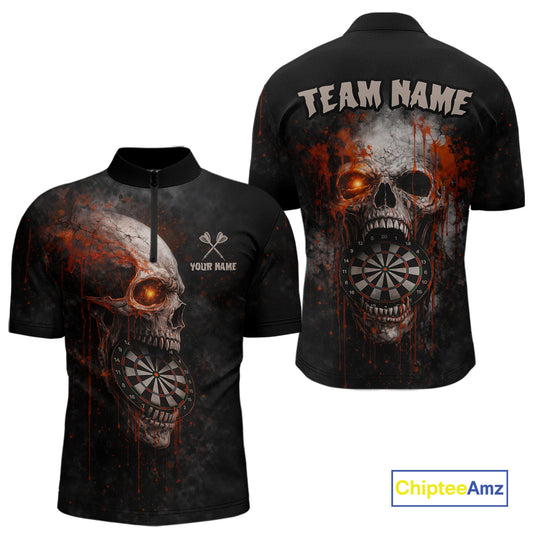 Horror Orange Splatter Grunge Skull Dartboard Dart Quarter-Zip Shirts For Men Custom Dart Team Jerseys NYN2727