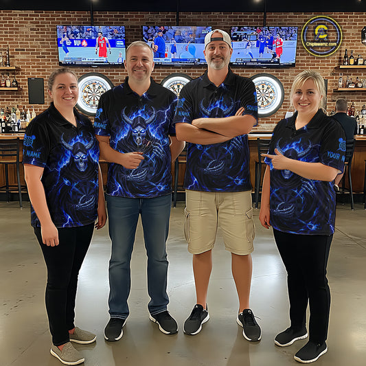 Blue Neon Flaming Grim Reaper Women Darts Quarter-Zip Jerseys Custom Name Dart League Shirt NYN2065