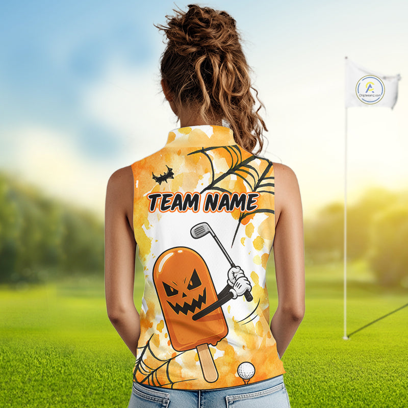 Female golfer wearing Spooky Ice Cream golf polo, Halloween golf fashion, golf outing apparel, playful golf clothing