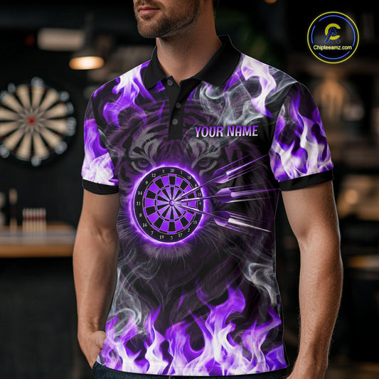 Purple Flaming Tiger Men Dart Polo Shirts Personalized Name & Team Fire Flame Dart Jerseys NYN2101