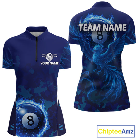 Blue Camouflage Women's Billiard Polo & 1/4 Zip Shirt Custom Flame 8 Ball Billiard Jerseys NYN2359