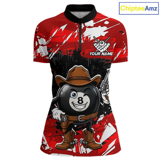 Funny billiard 8 ball cowboy gun shirt for women custom grunge pool team jersey red