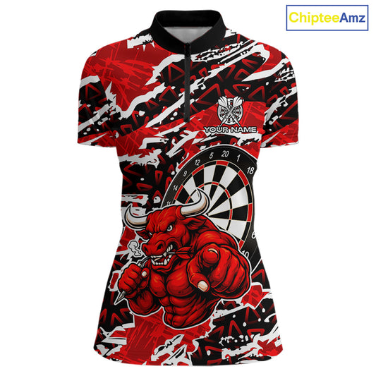 Personalized Women Darts Bull Grunge Red Polo Shirt Custom Name Polo 1/4-Zip Shirt Gift For Darters NYN2856