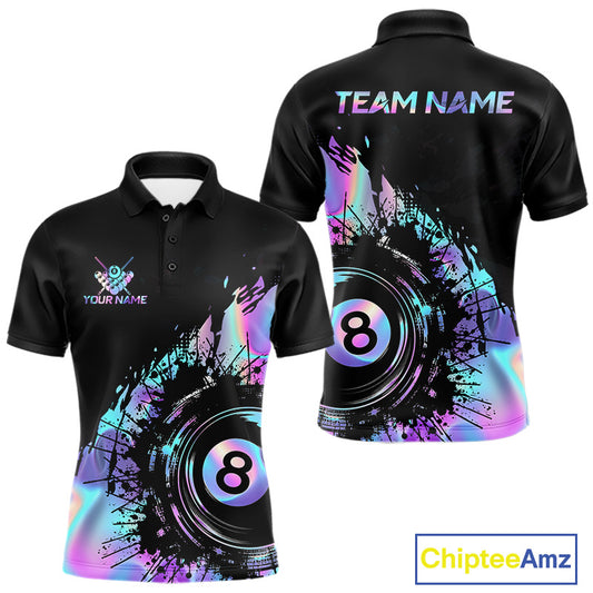 Men's Holographic Rainbow billiard polo featuring 8 Ball artwork, personalized pool team jersey, pool tournament apparel, breathable athletic polo.