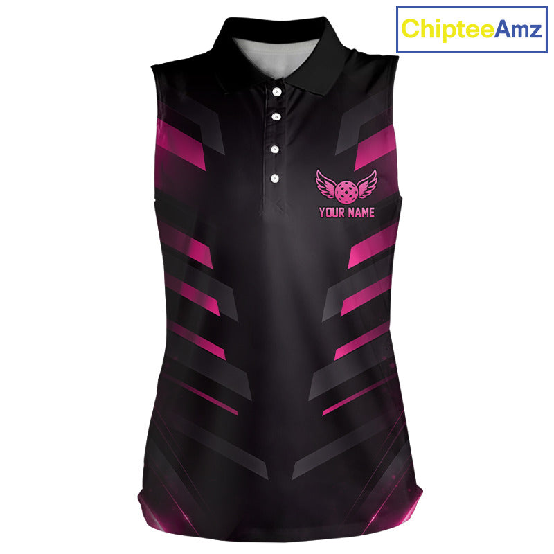 Custom Pink & Black Lightning Women's Pickleball Sleeveless Polo, Personalized Team Apparel, Performance Pickleball Polo, Lightning Paddle Sports Shirt, Tournament Uniform, Athletic Golf & Tennis Inspired, Speed, Power, Championship Spirit