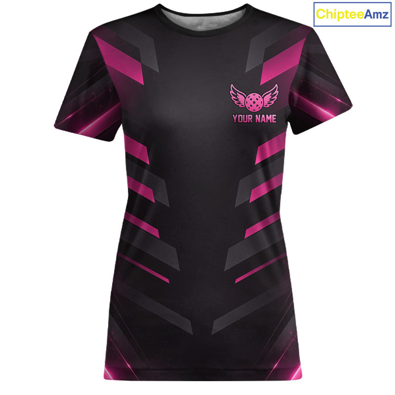 Custom Pink & Black Lightning Women's Pickleball T-Shirt, Personalized Pickleball Tournament Shirt, Lightning Paddle Sports Apparel, Athletic Performance Tee, Team League Uniform, Speed, Precision & Victory