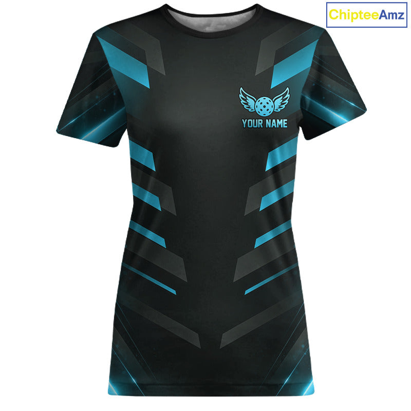 Custom Turquoise & Black Lightning Women's Pickleball T-Shirt, Personalized Pickleball League Shirt, Athletic Tournament Tee, Performance Sportswear