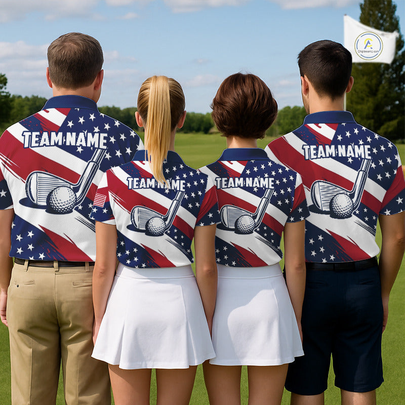 Men women golf team wearing matching US flag golf polo shirts, patriotic golf uniforms, golf league apparel, custom golf team attire