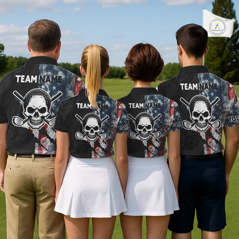 Men women golf team wearing matching smoke US flag skull golf polo shirts, patriotic golf uniforms, golf league clothing