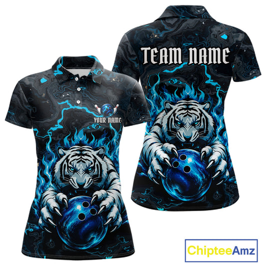 Black and Blue Flame Tiger bowling ball women's polo shirt custom funny bowling team jersey, personalized tiger bowling shirt, bowling league apparel