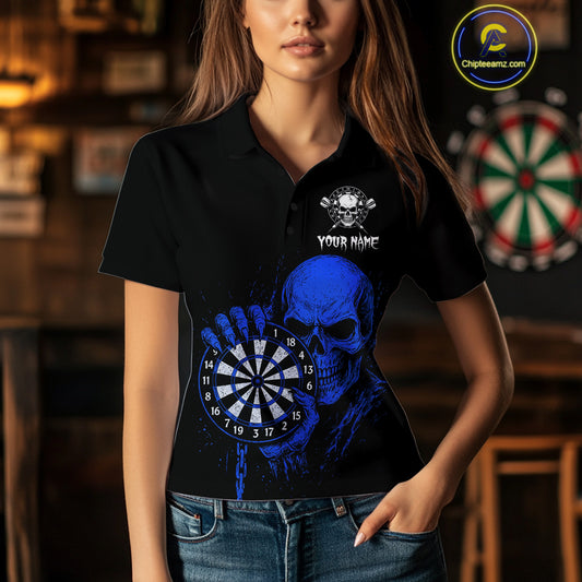 Custom Women Dart Polo Shirt With Blue Blood Skull Holding Dartboard, Darts Jersey NYN1795