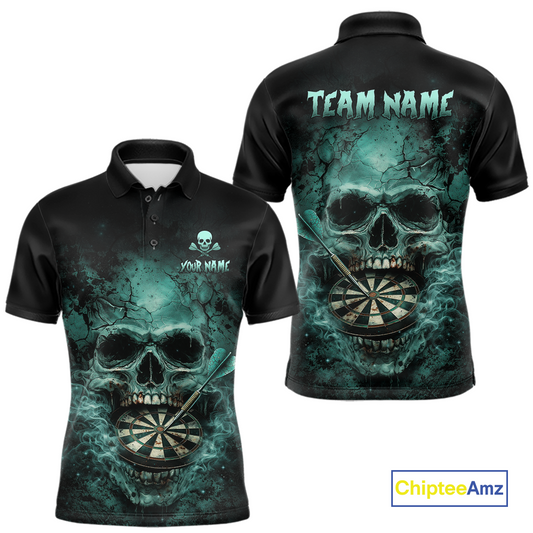 Cracked Grunge Teal Smokes Skull Dartboard Men Darts Polo Shirt Personalized Darts Team Jerseys NYN2598