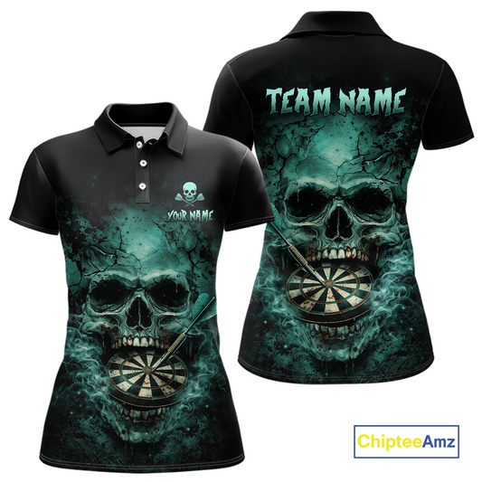 Cracked Grunge Teal Smokes Skull Dartboard Women Darts Polo Shirt Personalized Darts Team Jerseys NYN2598