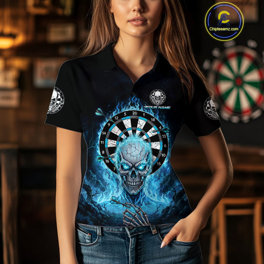 Black Blue Flaming Skeleton Darts Custom Women's Dart Polo Shirts Team Dart League Jerseys NYN2073