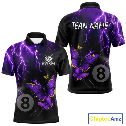Men's billiard polo featuring neon butterflies, purple thunder and glowing 8 ball artwork, personalized performance pool apparel for APA leagues, BCA tournaments, butterfly lovers and fantasy sports fans, symbolizing transformation, power and competitive excellence.