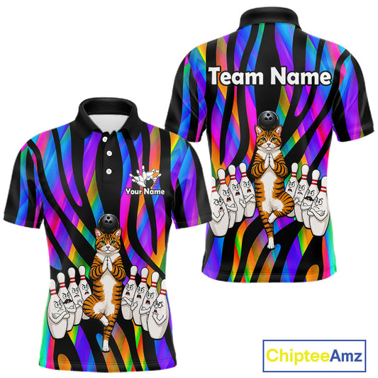 Rainbow Holographic Bowling Polo 1/4-Zip Shirts For Men Custom Funny Cat Bowling Pins Team Shirt NYN3930